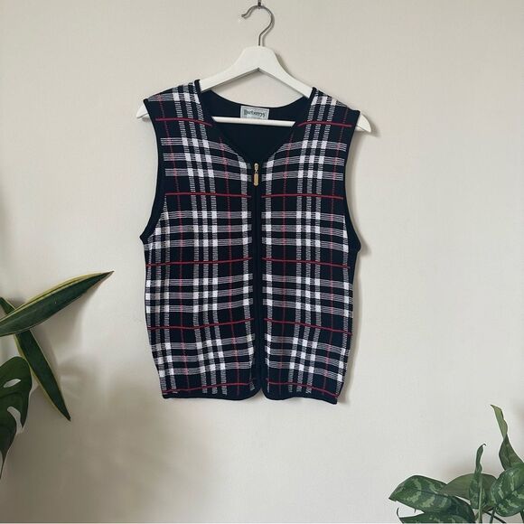 Vintage Burberry Check Plaid Full Zip Black Vest Size M - Picture 1 of 7